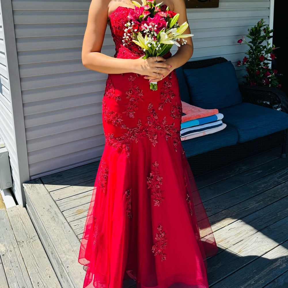 David's Bridal Strapless Red Embellished Evening Gown